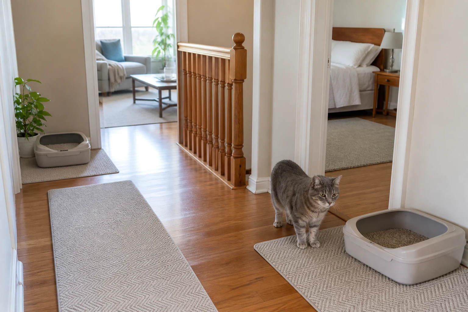 Two low-entry litter boxes placed in separate quiet areas of a home with rugs marking safe routes for a senior cat.