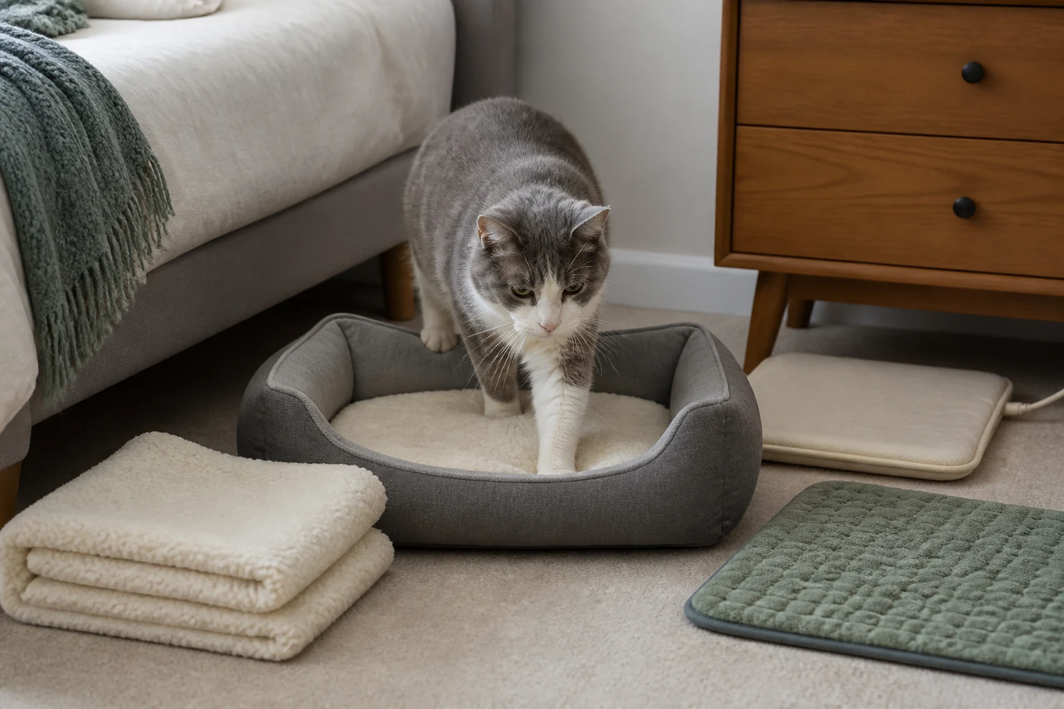 Senior cat stepping into a low supportive bed with fleece blankets, a nonslip mat, and a warming pad nearby.