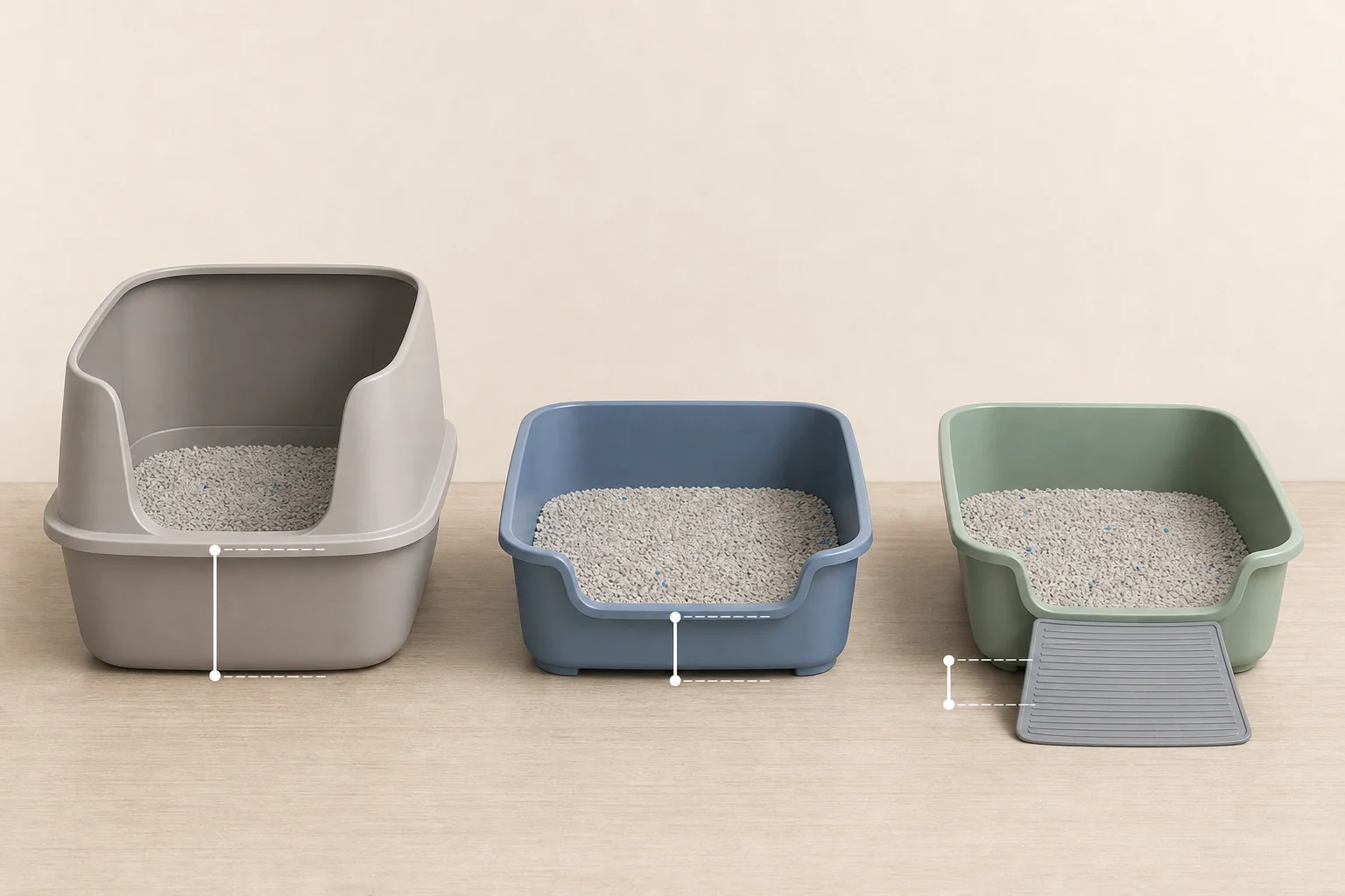 Three open litter boxes compare high sides, a lower front entry, and a shallow ramp setup.