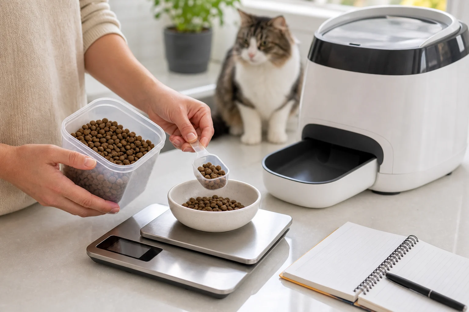 Cat parent measuring food before loading a microchip feeder.