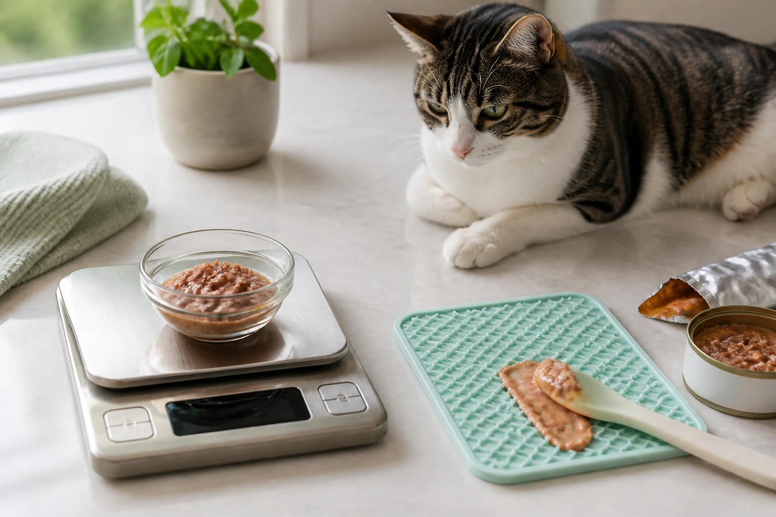 Cat waiting beside a silicone lick mat, kitchen scale, spoon, and measured wet cat food portion.
