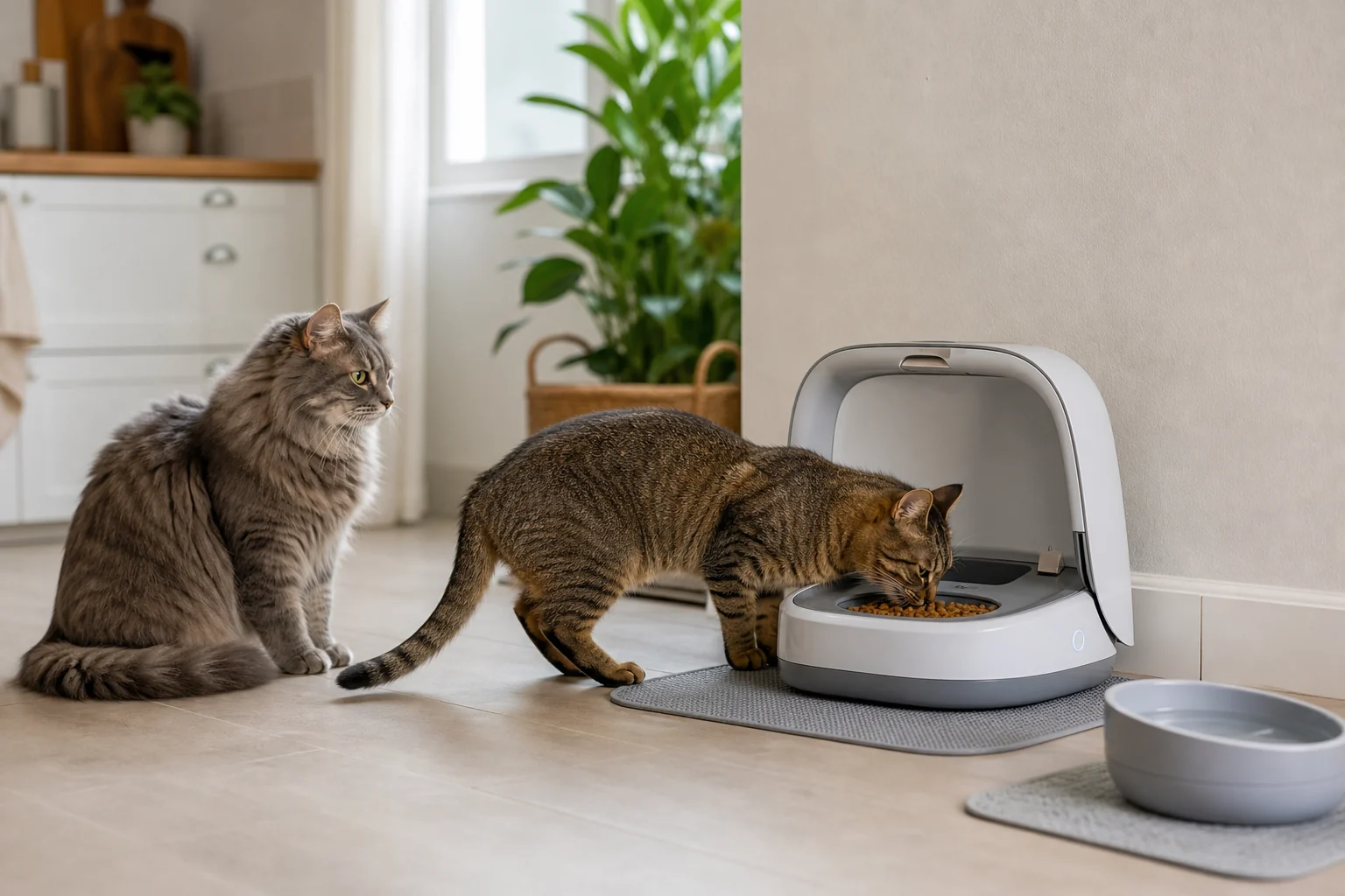 Tabby cat eating from a covered microchip feeder while another cat waits calmly nearby in a bright kitchen.