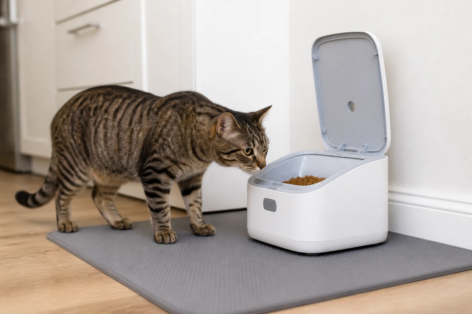 Cautious tabby cat sniffing an open microchip feeder on a non-slip mat in a quiet kitchen corner.