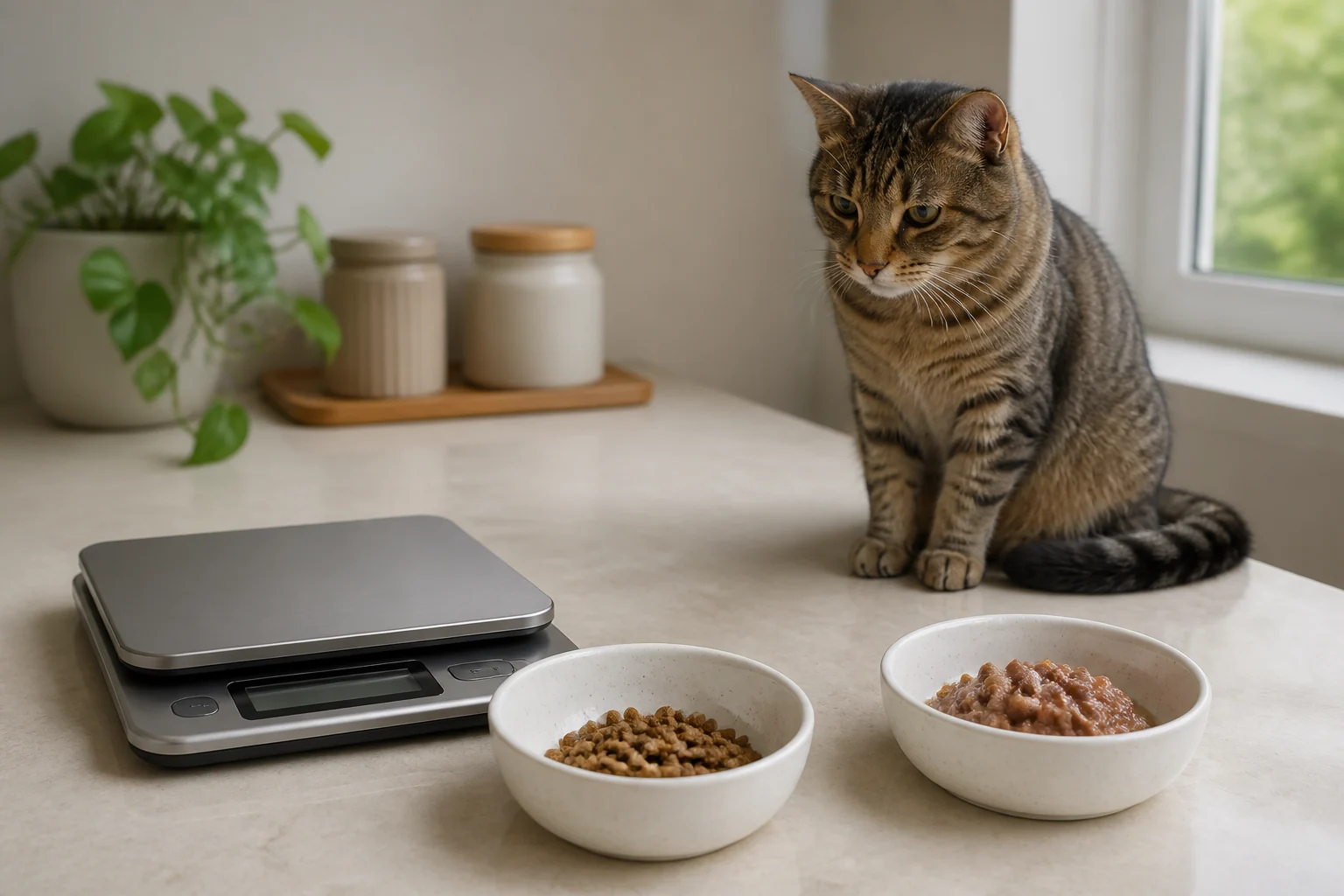 Measured wet and dry cat food portions beside a digital kitchen scale while a tabby cat waits nearby.