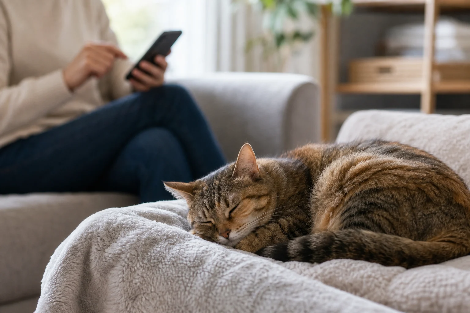 Cat parent calmly observing a sleeping cat from a distance while taking notes on a phone.
