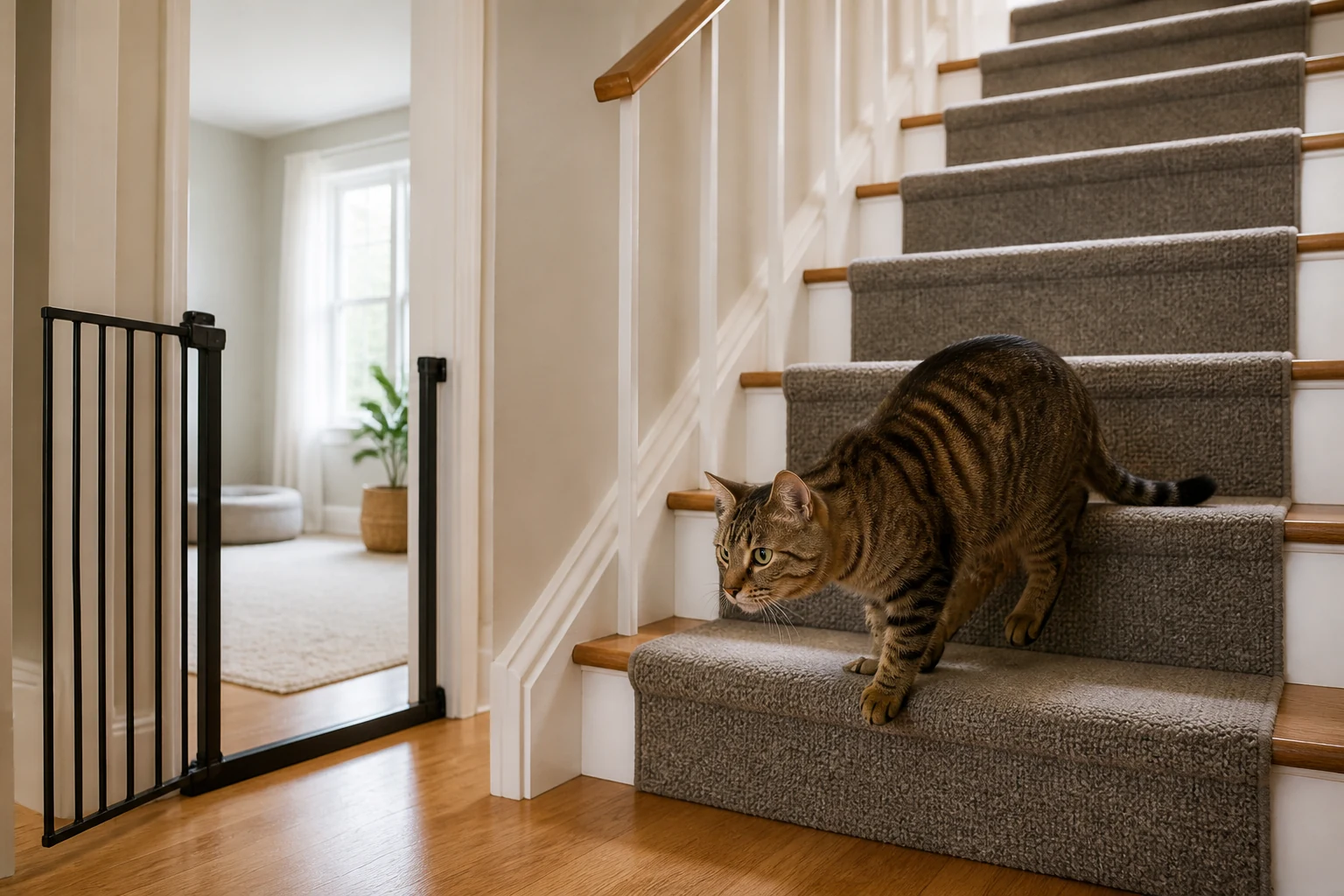New tabby cat cautiously exploring carpeted stairs with an open pet gate and a quiet room nearby