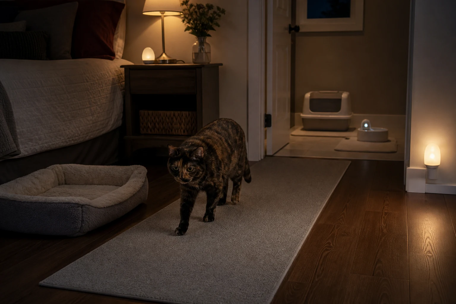 Senior cat walking along a clear nonslip nighttime path from a low bed toward water and a low-entry litter box.