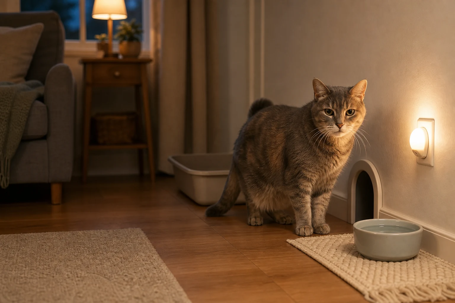 Senior cat near a wall at night with a water bowl, litter box entrance, and night light nearby.