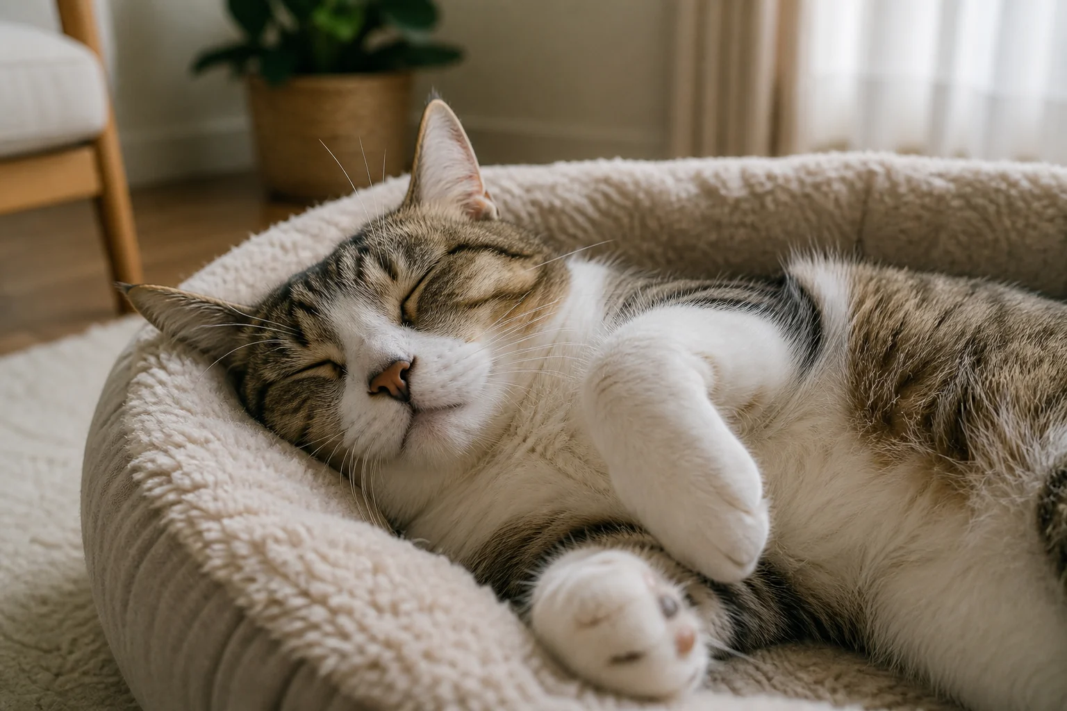 Cat sleeping loosely in a plush bed with relaxed whiskers, ears, and curled paws.