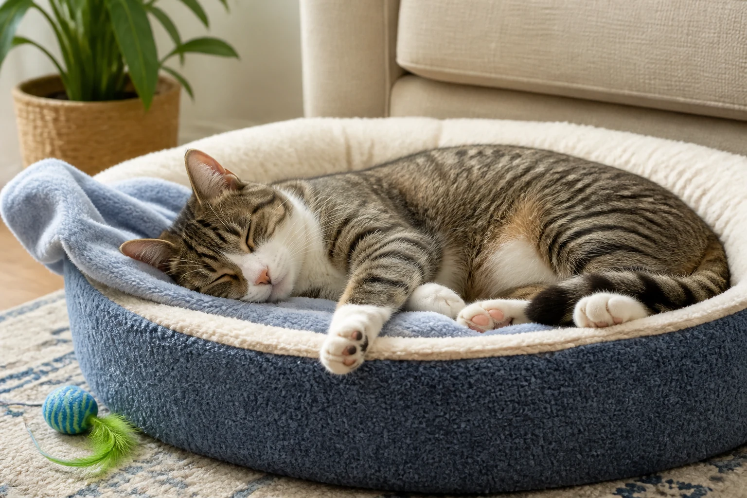Relaxed cat sleeping in a plush bed with one front paw extended and a loose, peaceful body posture.