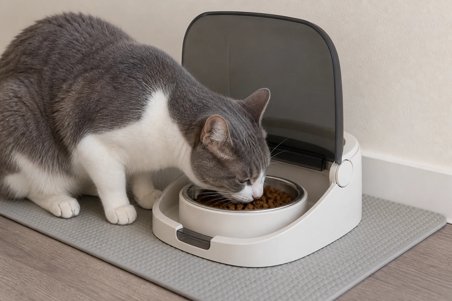 Gray and white cat eating from a familiar bowl inside an open microchip feeder.