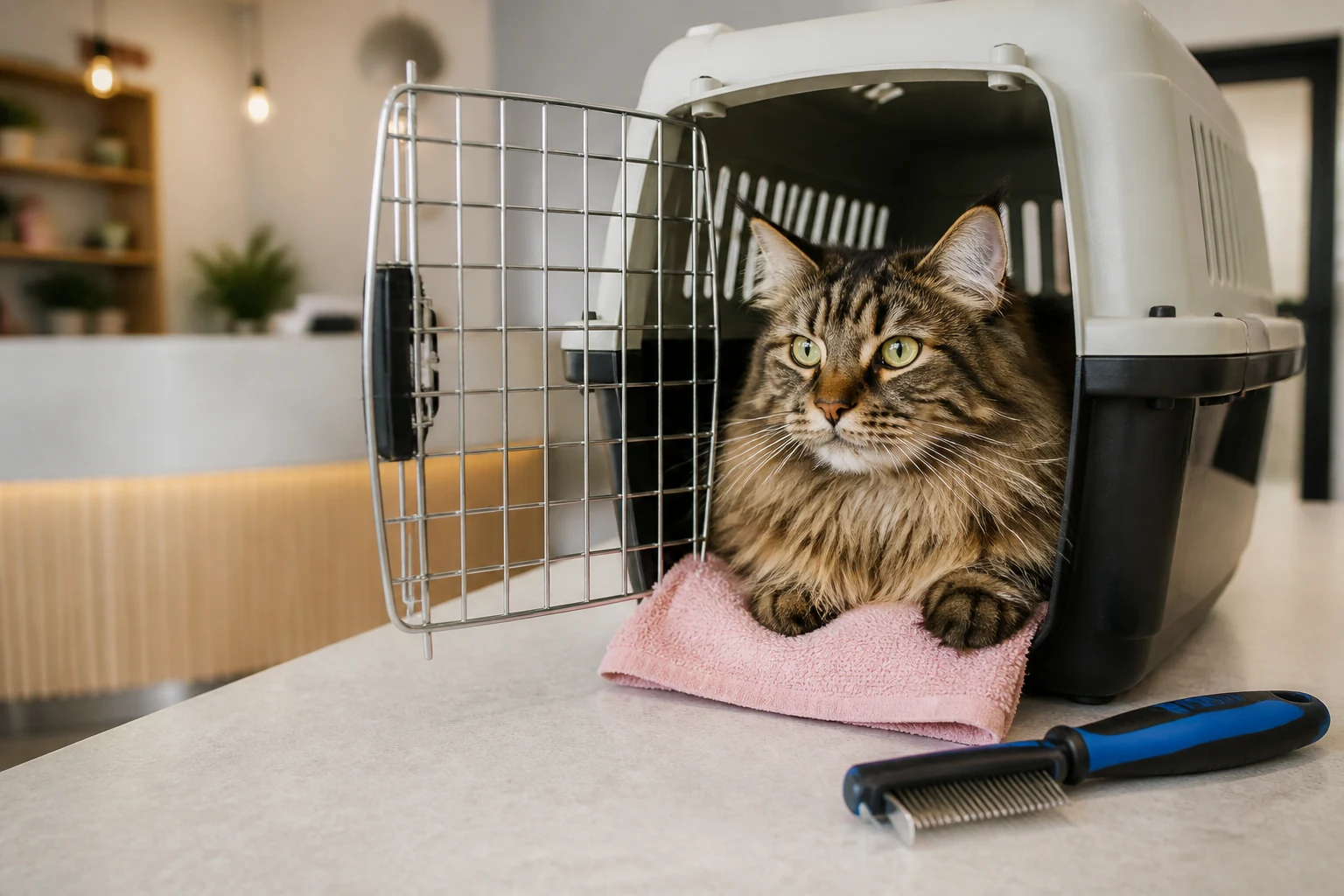 A relaxed longhaired cat sits in an open carrier at a clean veterinary or grooming reception counter.
