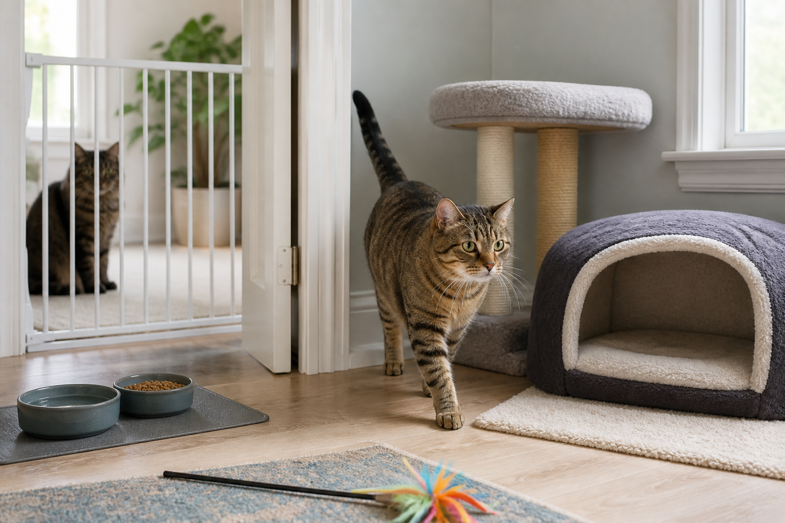 A tabby cat steps calmly out of a safe room while another cat waits behind a baby gate at a comfortable distance.