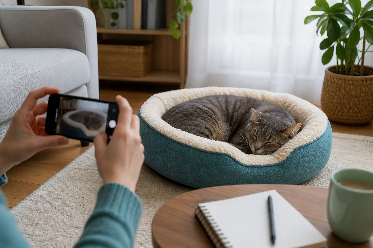 Cat parent recording a sleeping cat from a respectful distance with a notebook nearby for tracking symptoms.