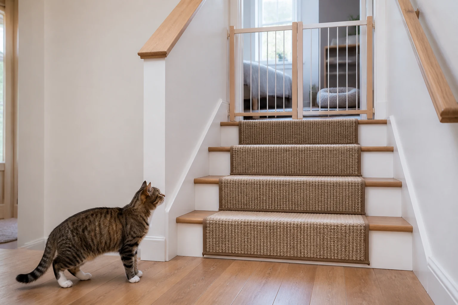 Cat looking at a carpeted staircase with non-slip treads, an open route back, and a simple pet gate on the landing