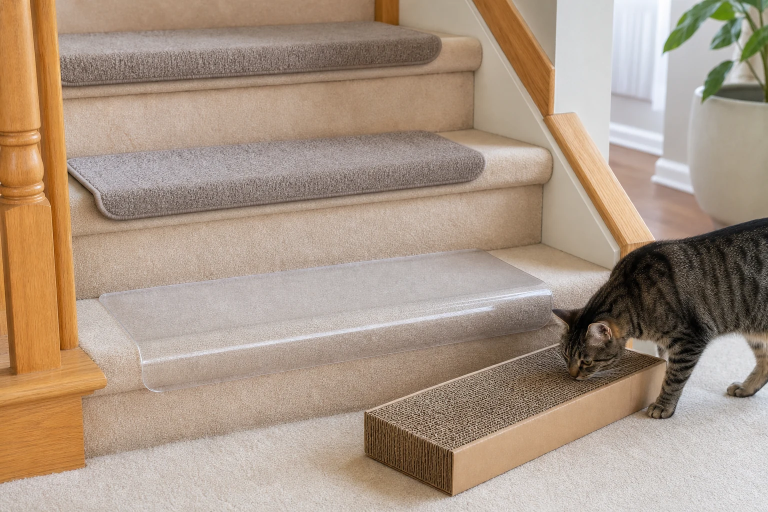 A carpeted staircase with removable tread covers, a clear runner, and a cardboard scratcher on the landing.