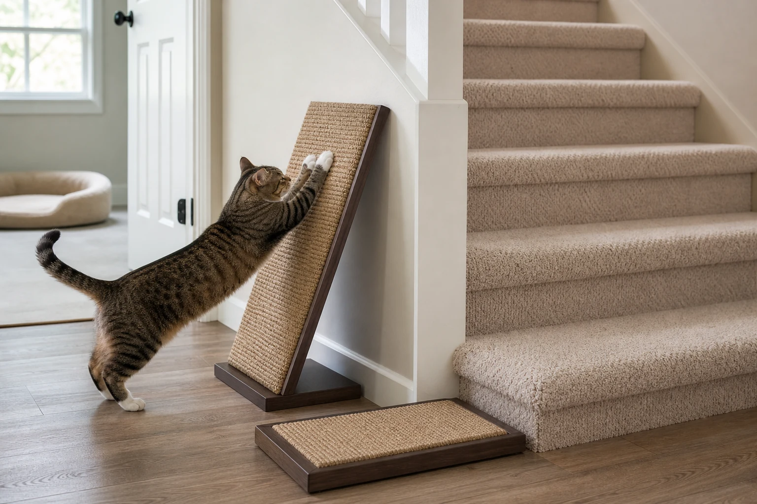 A cat stretches on a stable angled sisal scratcher placed at the base of carpeted stairs.