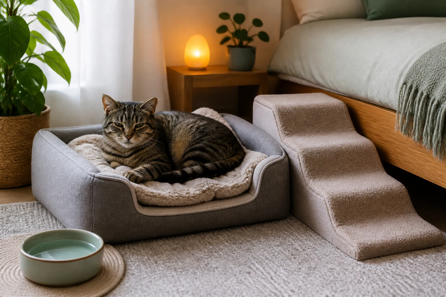 Senior tabby cat resting in a low orthopedic bed beside a short ramp, water bowl, and warm night light in a calm bedroom.