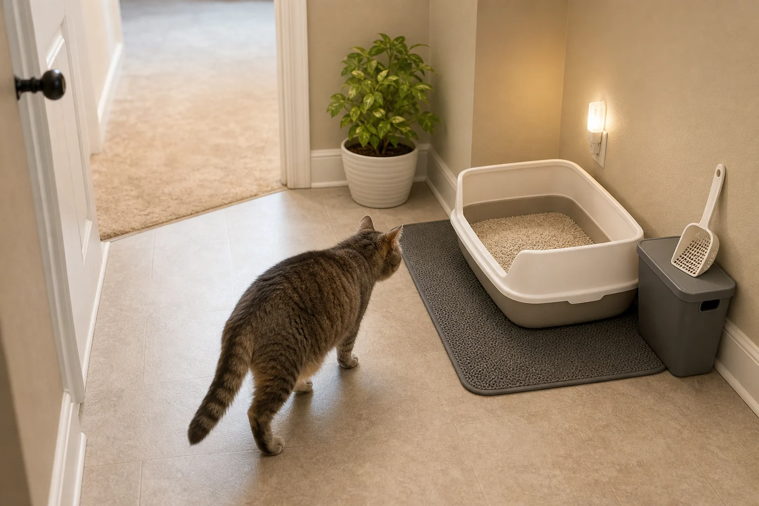 A senior cat approaches a low-entry litter box on a non-slip mat with a clear path from the doorway.