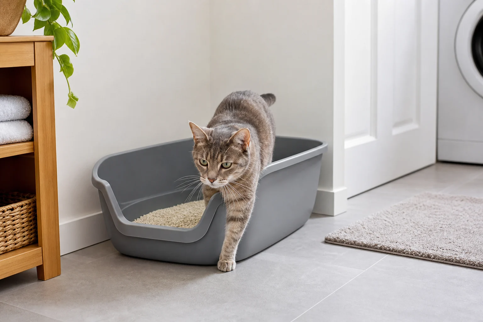 A senior tabby cat steps out of a wide open litter box with a low front entry in a clean laundry room.