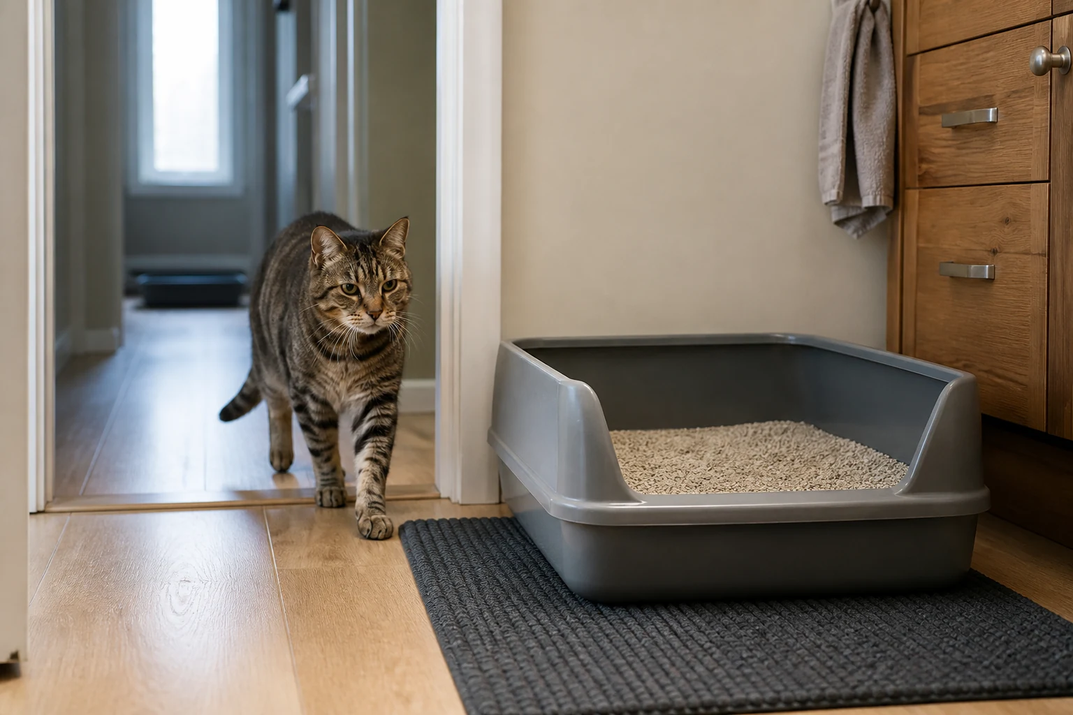 A senior tabby cat walks toward a low-entry litter box on a non-slip mat in a clear hallway route.