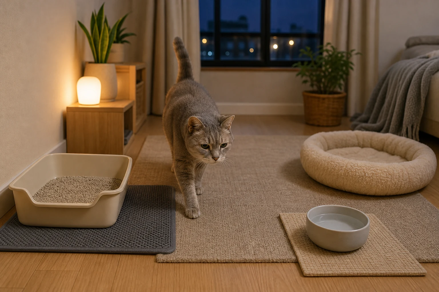 Older cat walking through a calm nighttime setup with a low-entry litter box, water bowl, soft bed, non-slip mat, and night light.