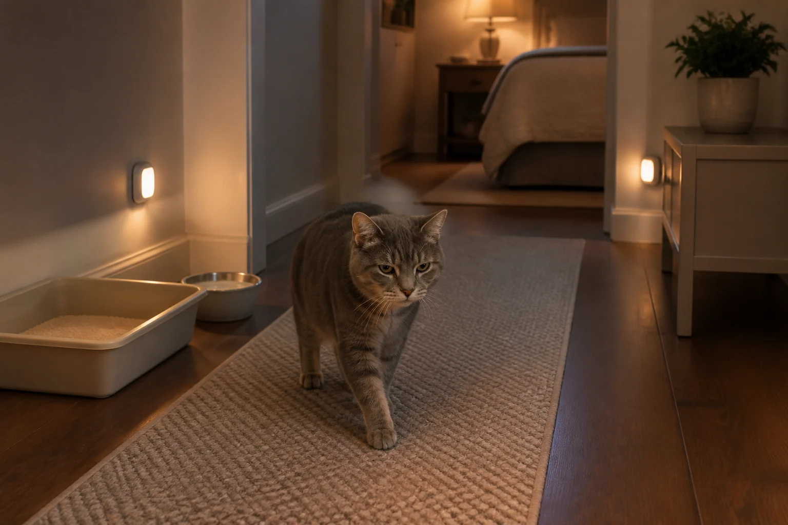 Senior cat walking on a non-slip runner through a softly lit hallway with water and a low-entry litter box nearby.