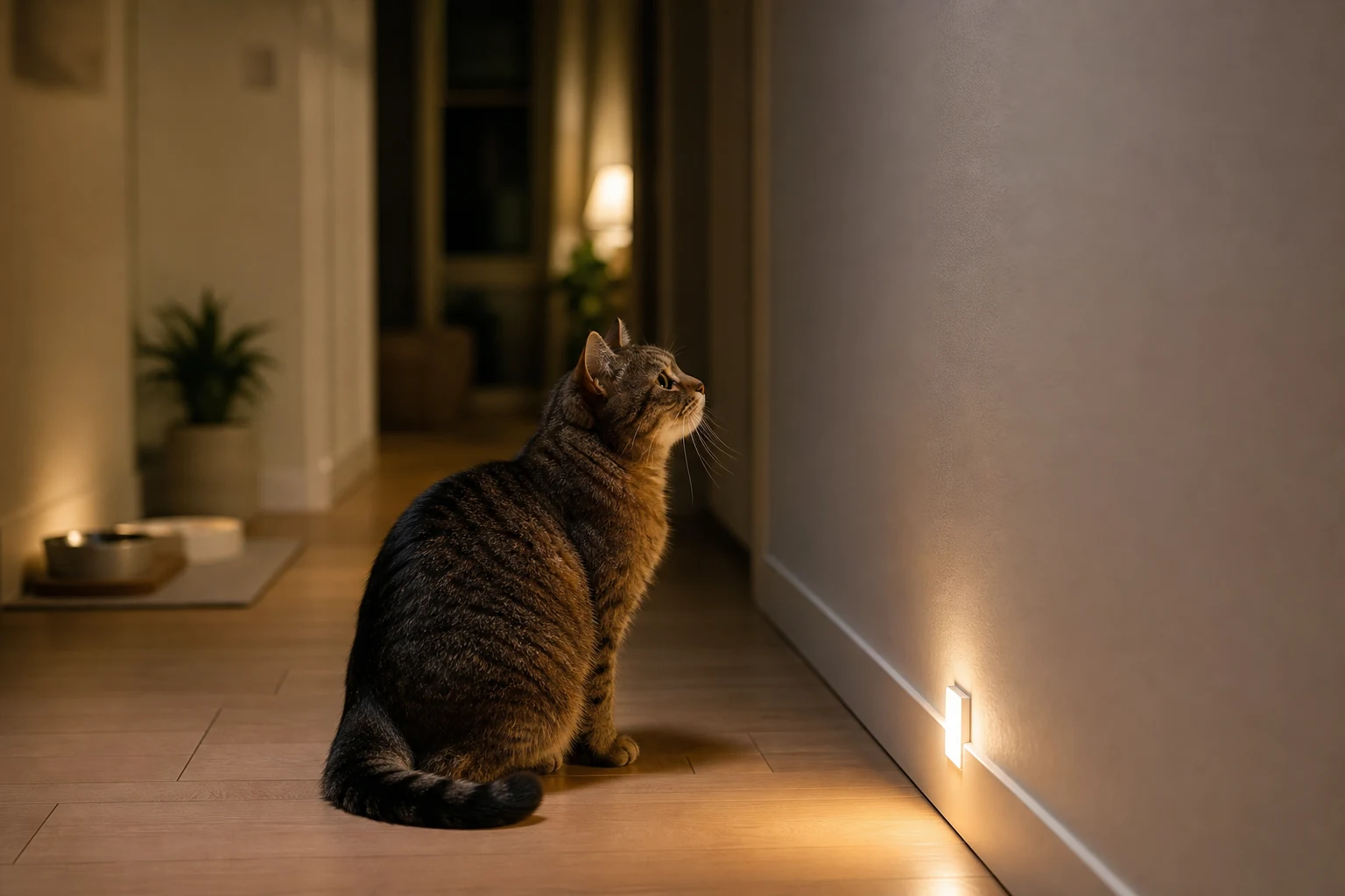 Senior tabby cat sitting in a softly lit hallway at night and calmly looking toward a plain wall.
