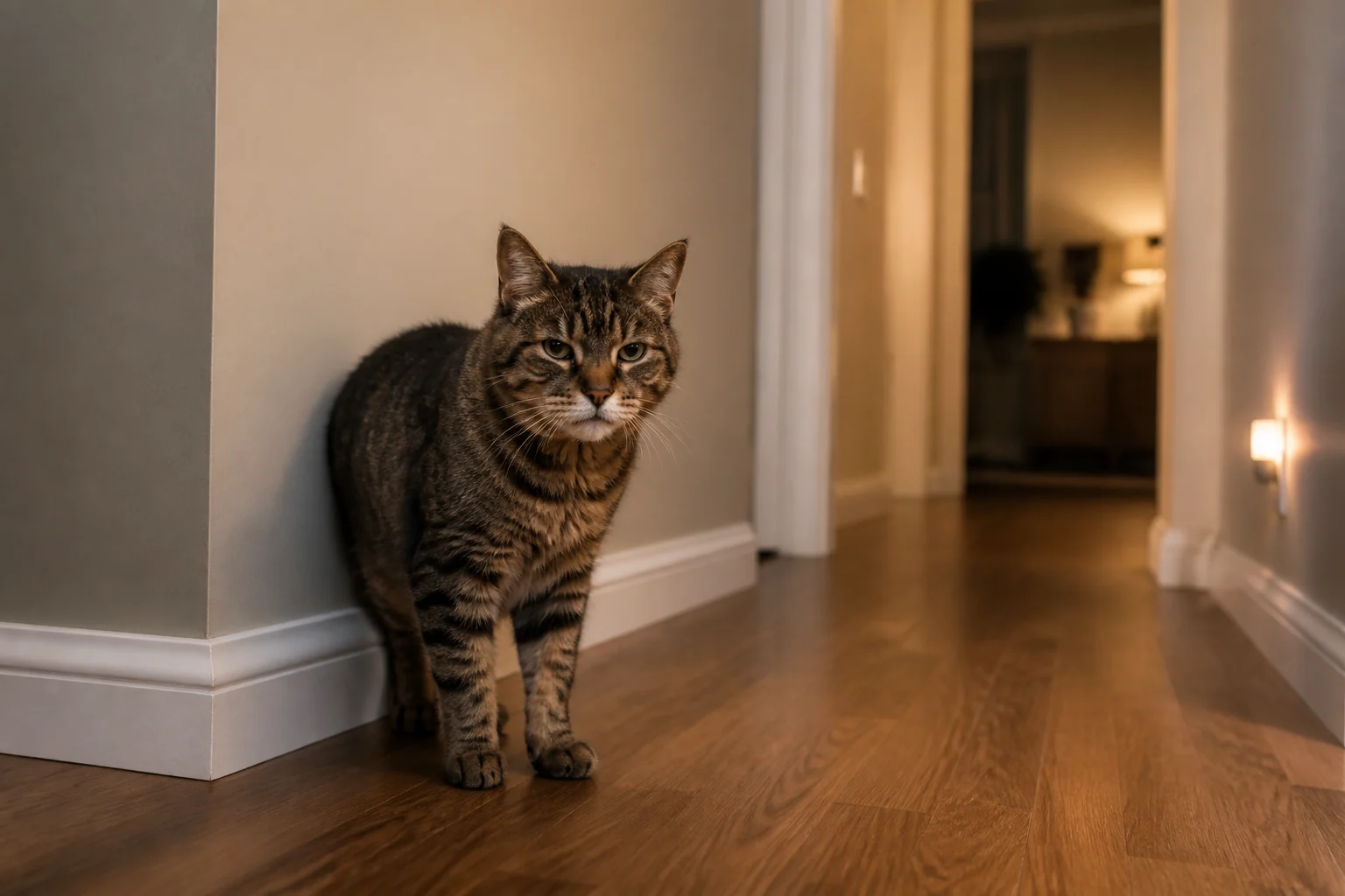 Senior tabby cat standing calmly near the inside corner of a softly lit home hallway at night.