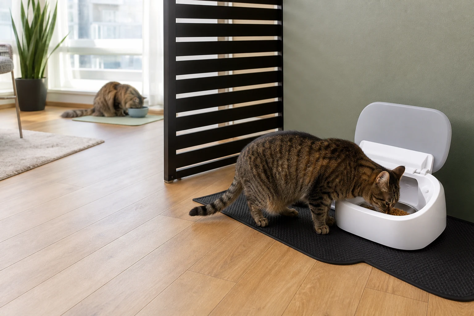 Two separated feeding stations with a visual barrier in a multi-cat home.