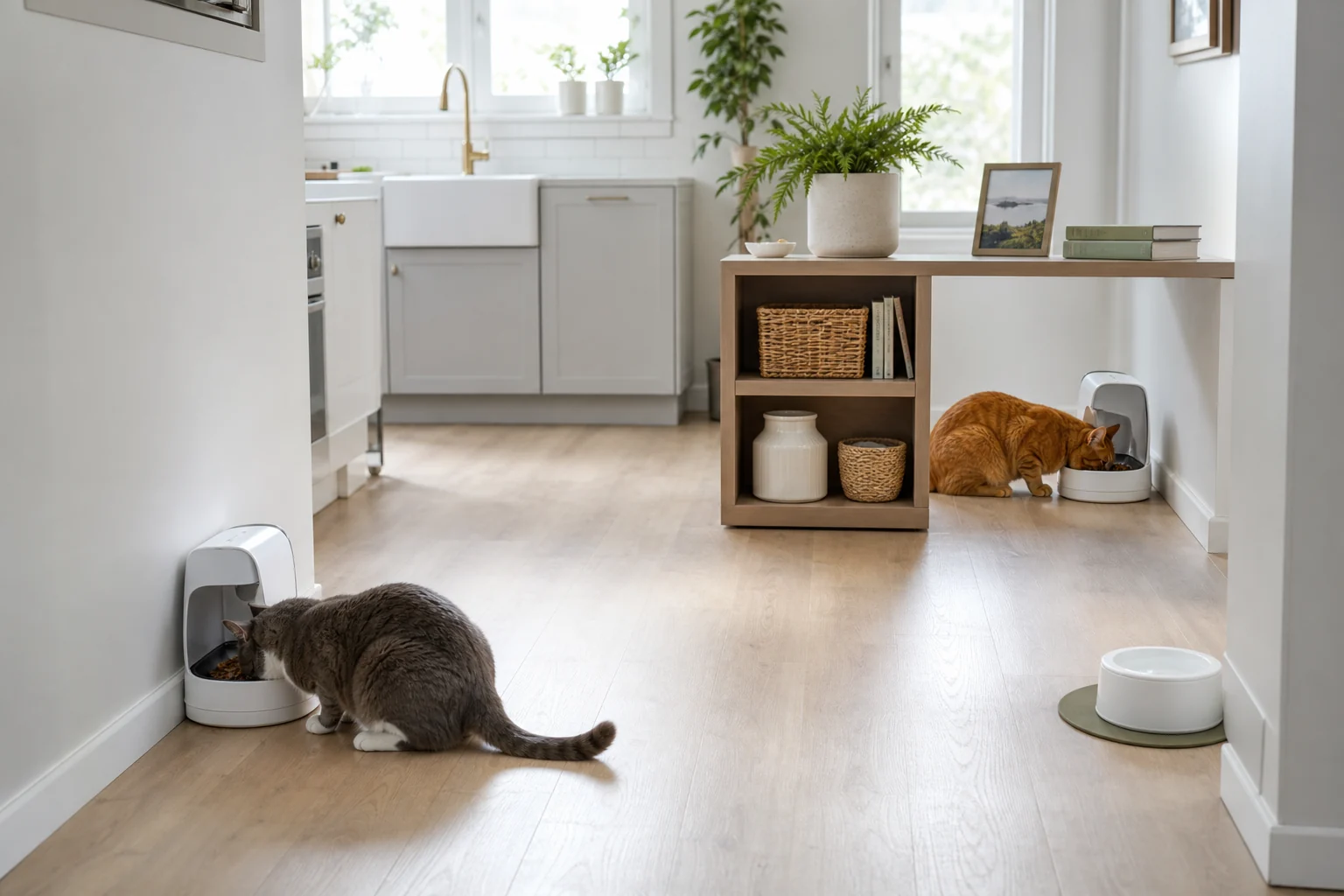 Two separate microchip feeder stations in a multi-cat home.