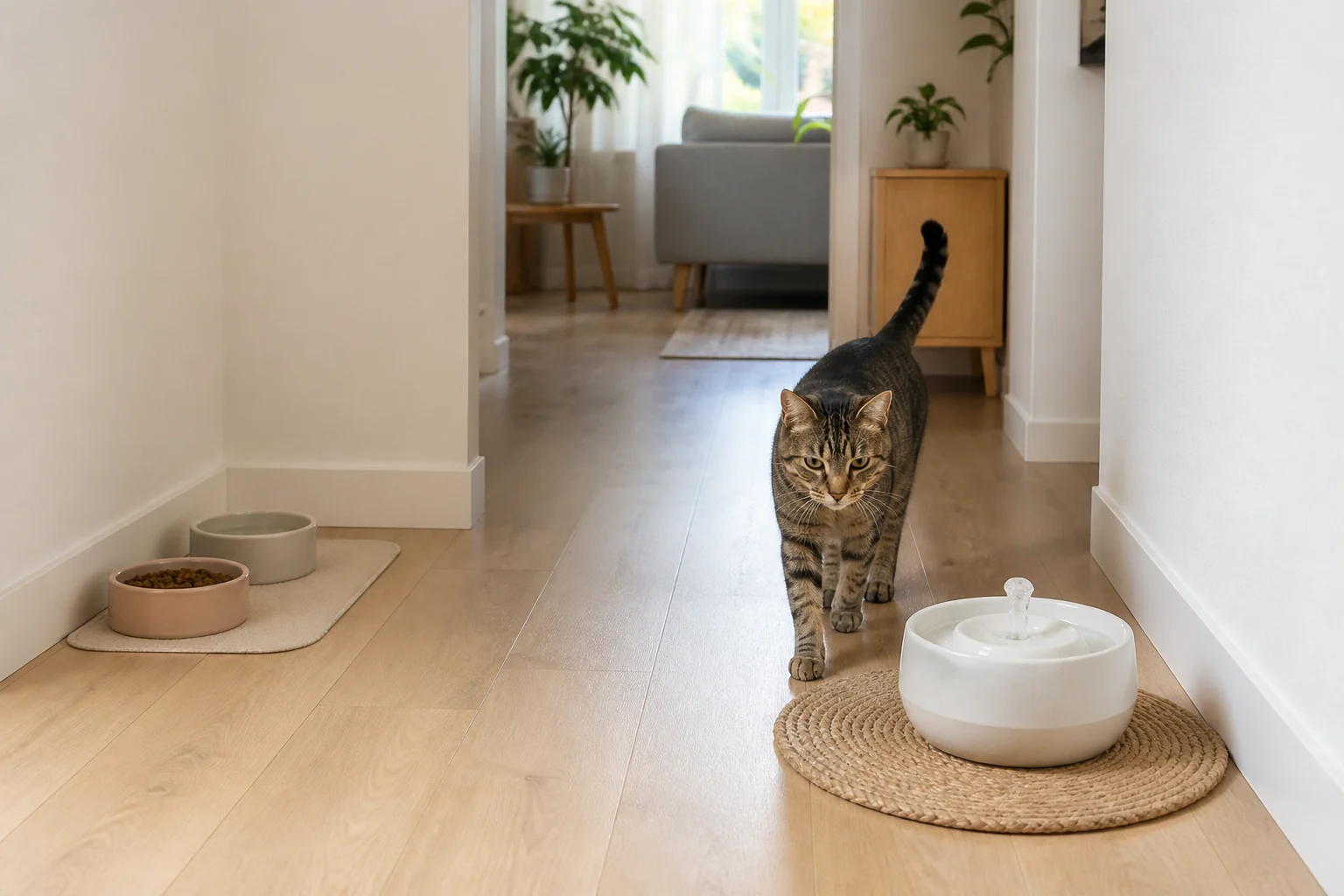 A cat walking toward a pet fountain in a quiet hallway with another water station visible in a separate room.