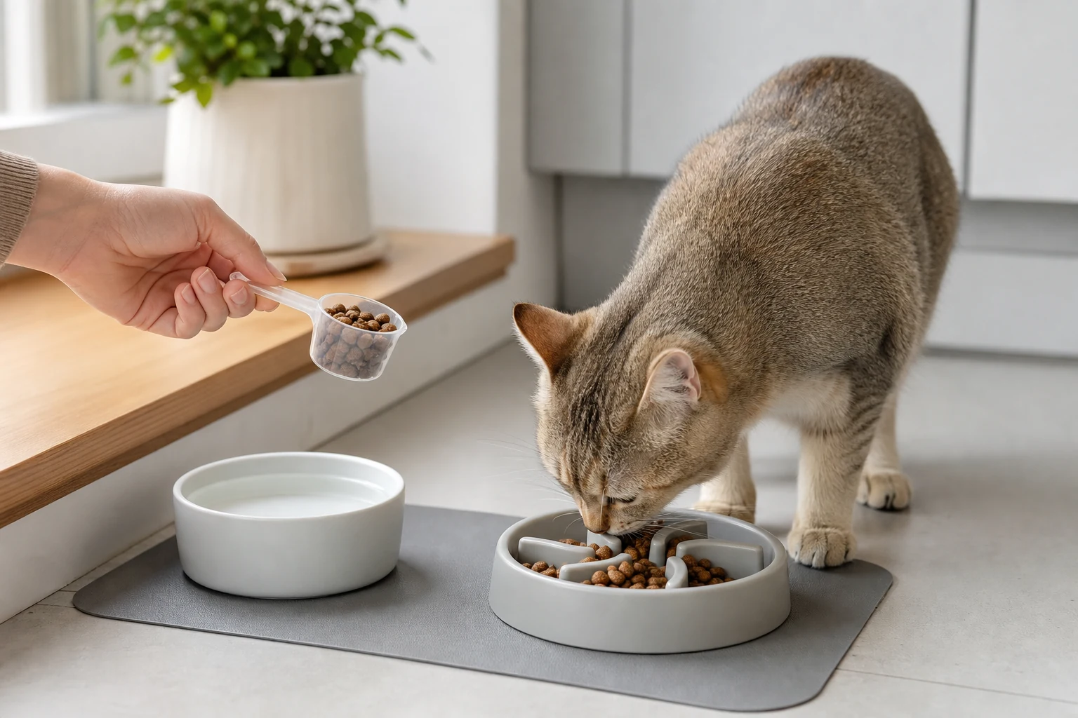 Tabby cat eating measured dry food from a shallow slow feeder bowl while a cat parent holds a small measuring scoop nearby.