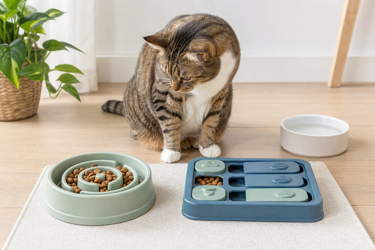 Cat sitting between a shallow slow feeder bowl and an easy beginner puzzle feeder tray in a calm home feeding area.