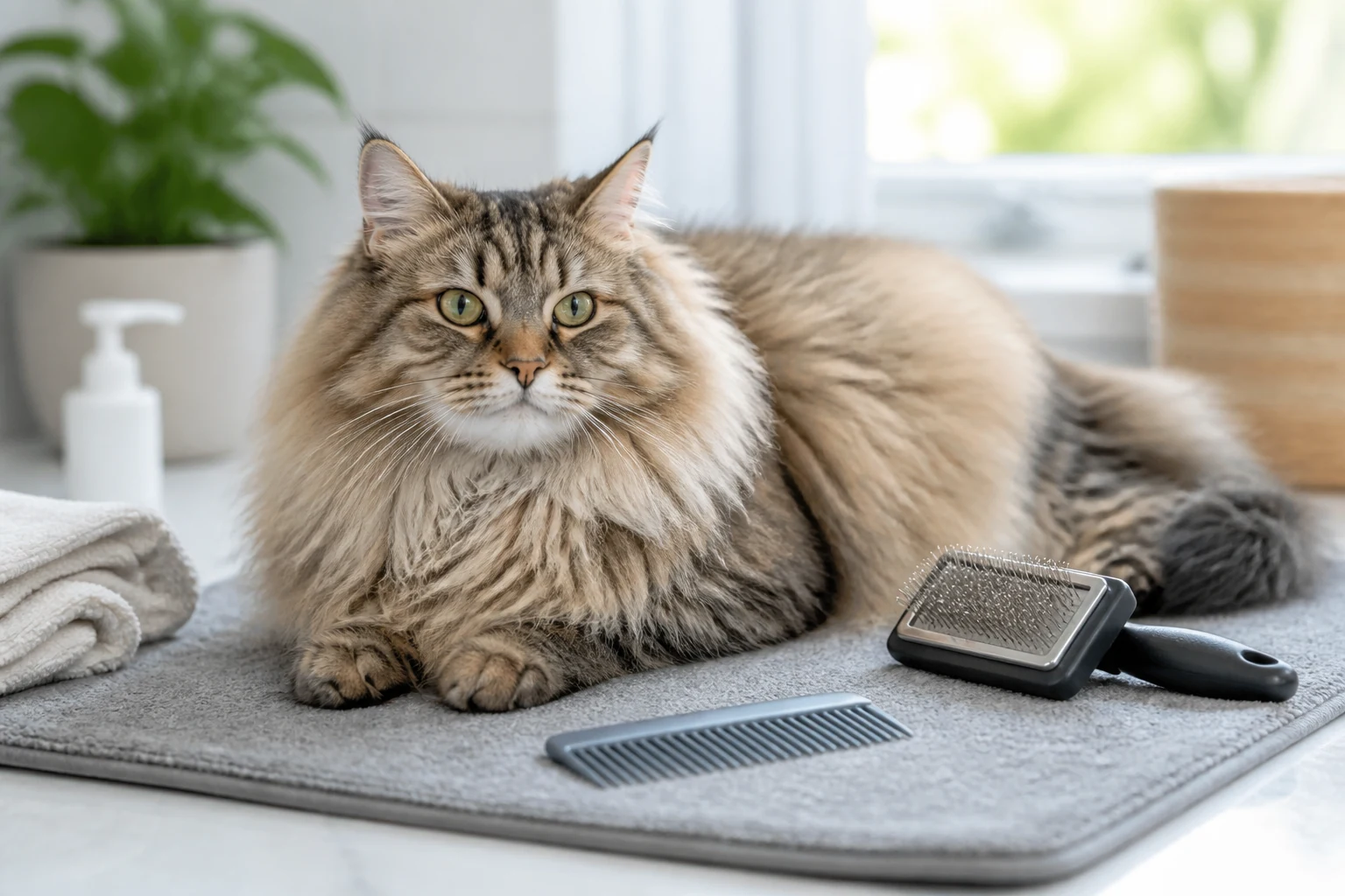 A calm longhaired cat rests on a grooming mat with a wide-tooth comb and slicker brush nearby.