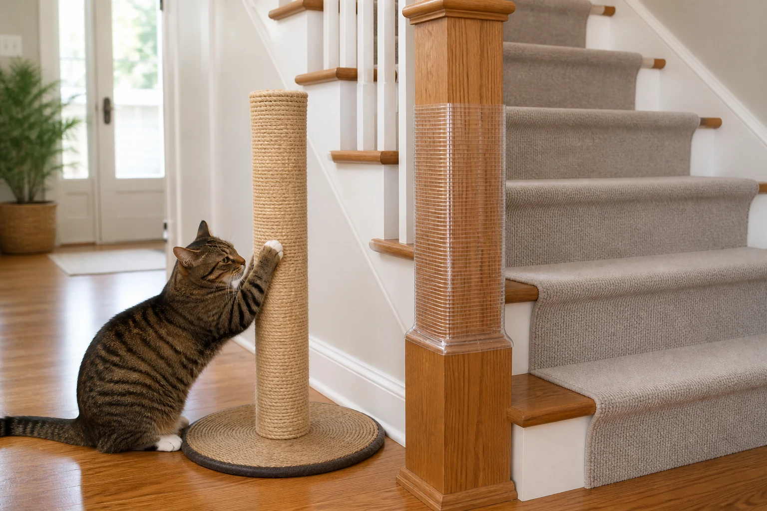 A tabby cat uses a tall sisal scratching post beside a protected wooden stair banister in a bright entryway.
