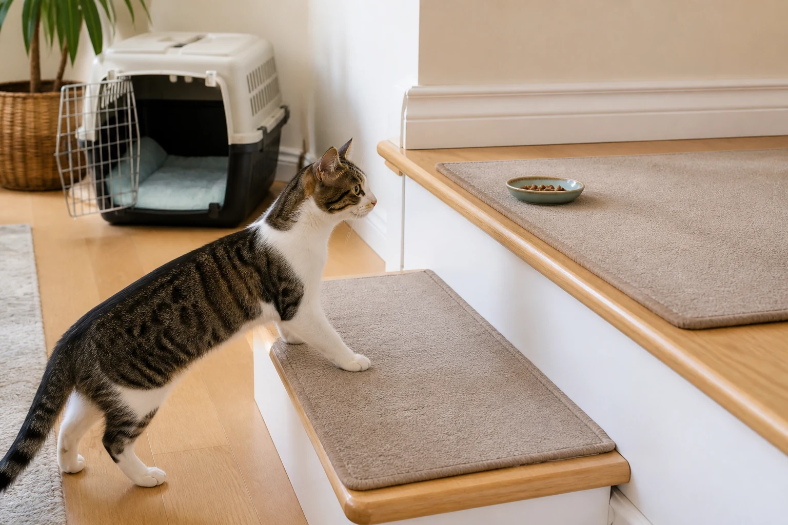 New cat practicing the first stair step with carpet treads, a treat dish on the landing, and an open carrier nearby