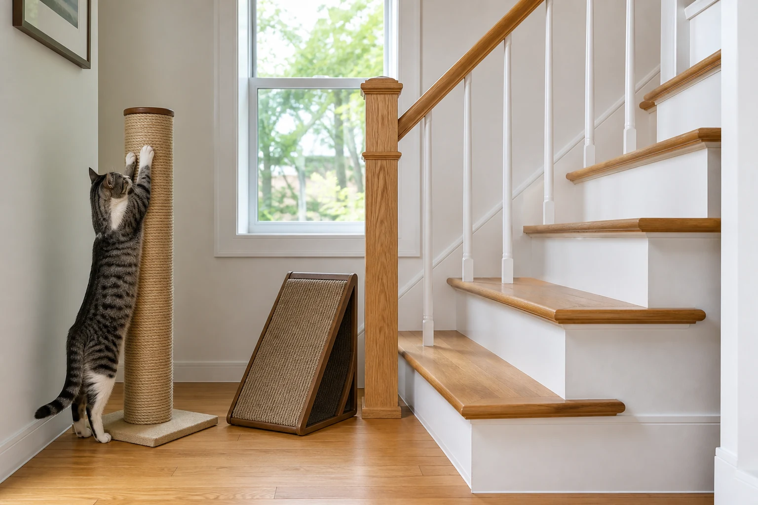 A cat stretches on a tall sisal post beside a staircase while an angled scratcher sits on the landing away from the walking route.