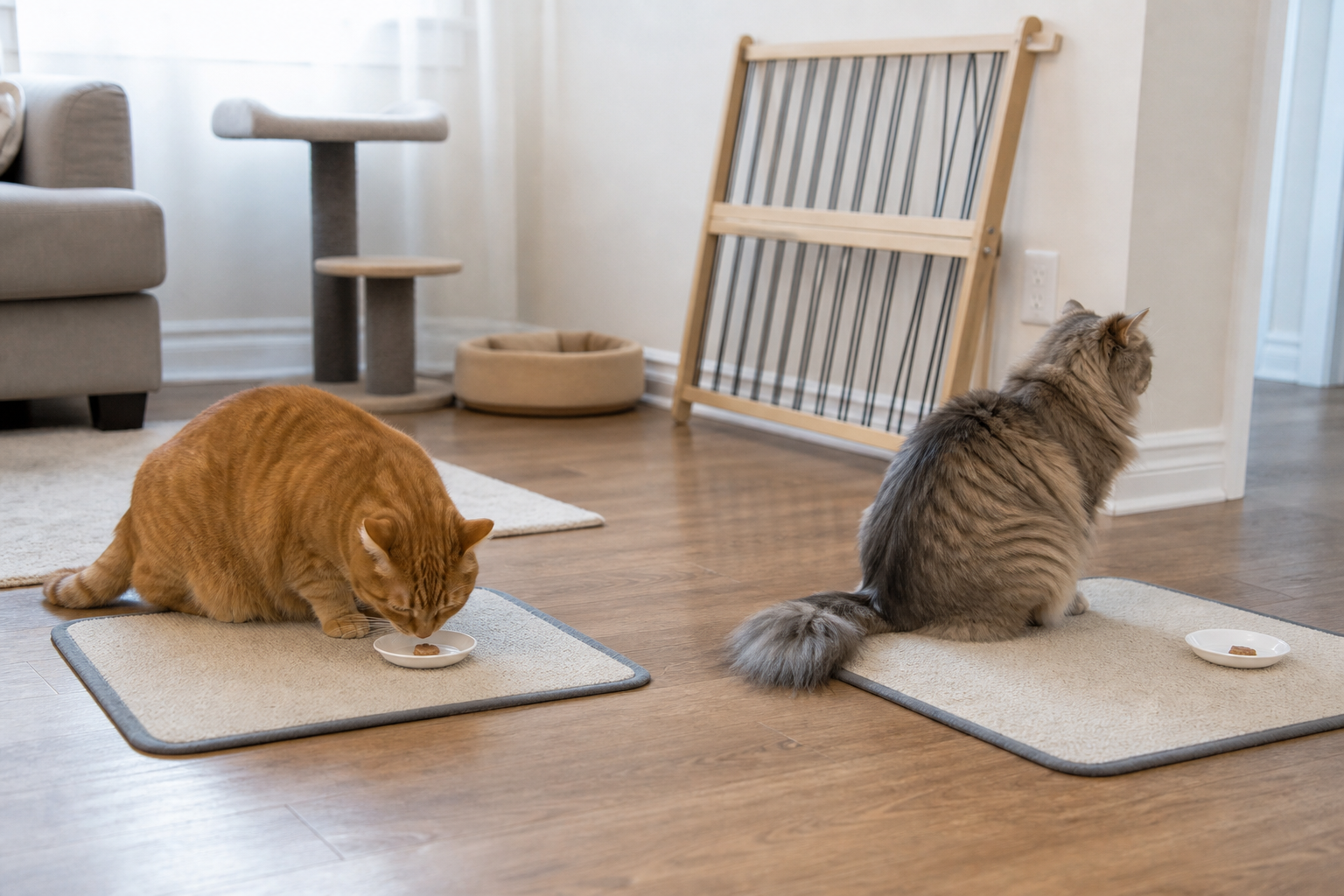 Two cats rest several feet apart on separate mats with treat dishes and open exit paths in a quiet room.