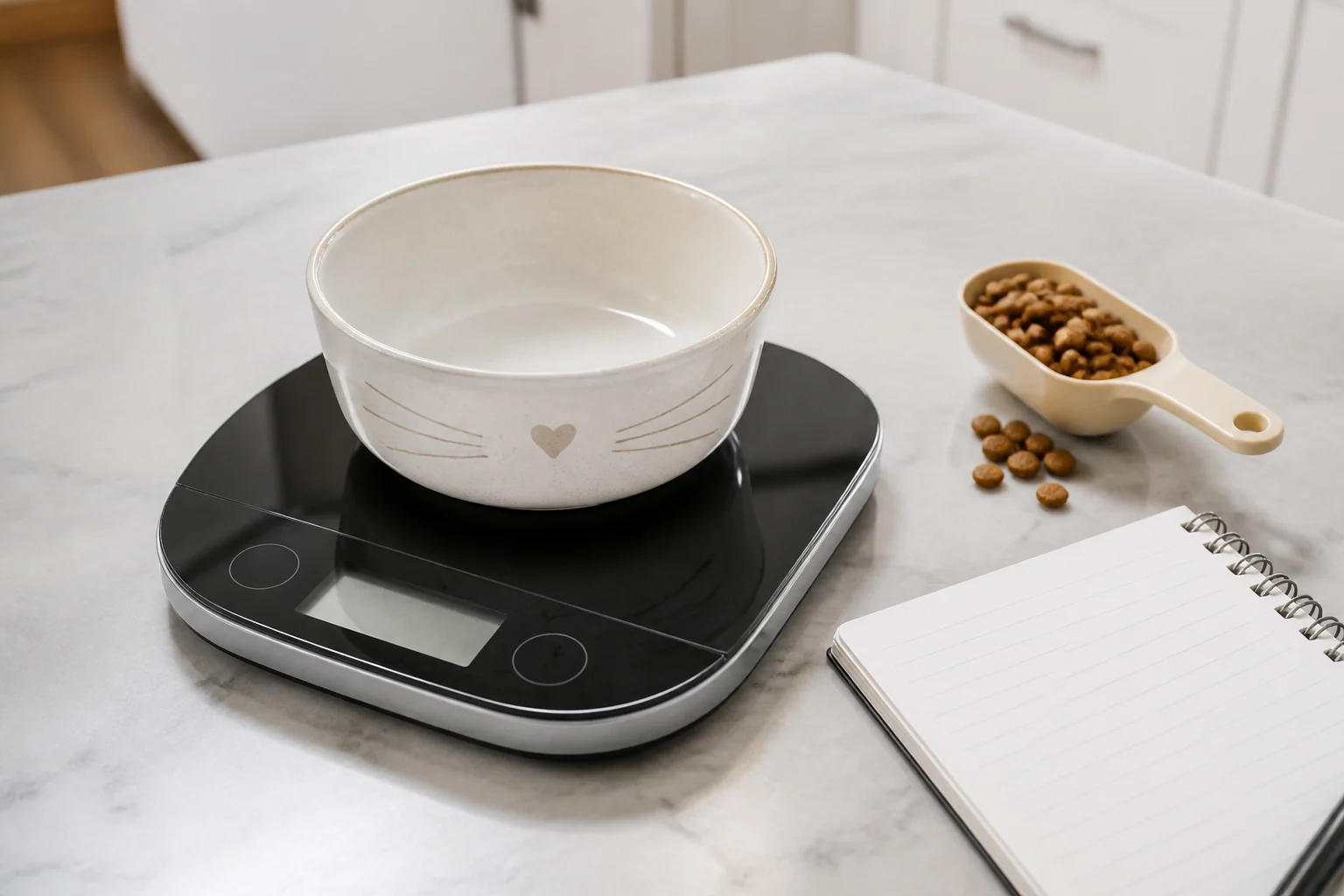 An empty cat bowl on a digital kitchen scale with kibble and a tracking notebook nearby.