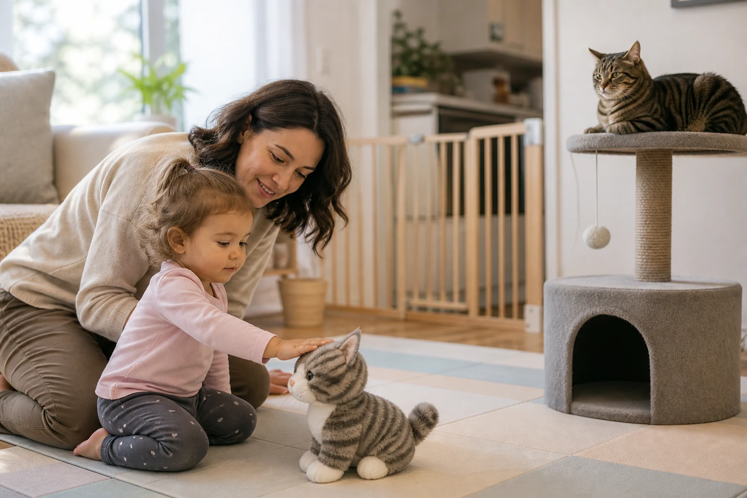 A caregiver helps a toddler practice gentle hands on a plush cat while a relaxed tabby cat watches from a raised perch behind a gate.