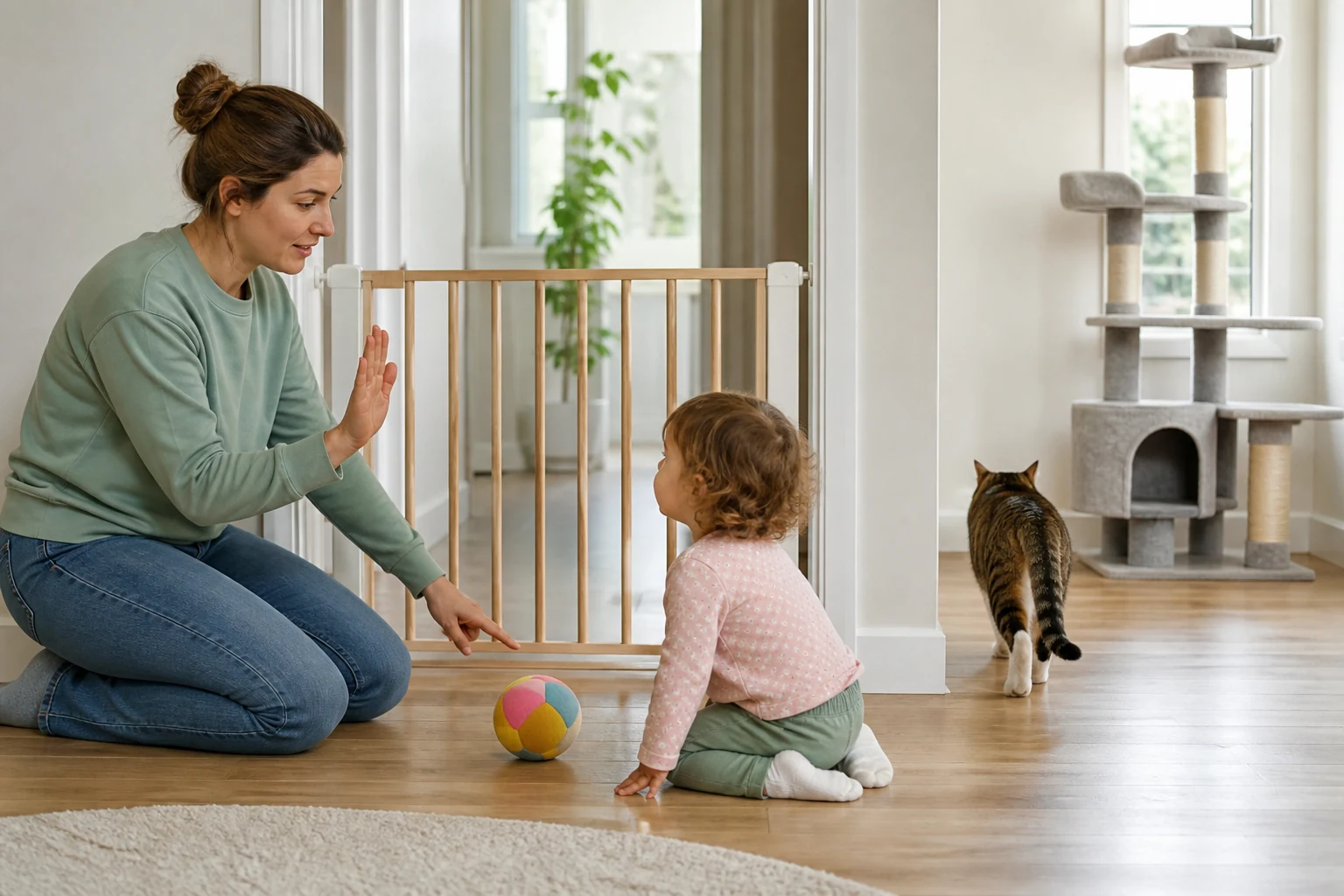 A caregiver gives a toddler an open-palm stop cue while a cat calmly walks toward a cat tree through an open escape route.