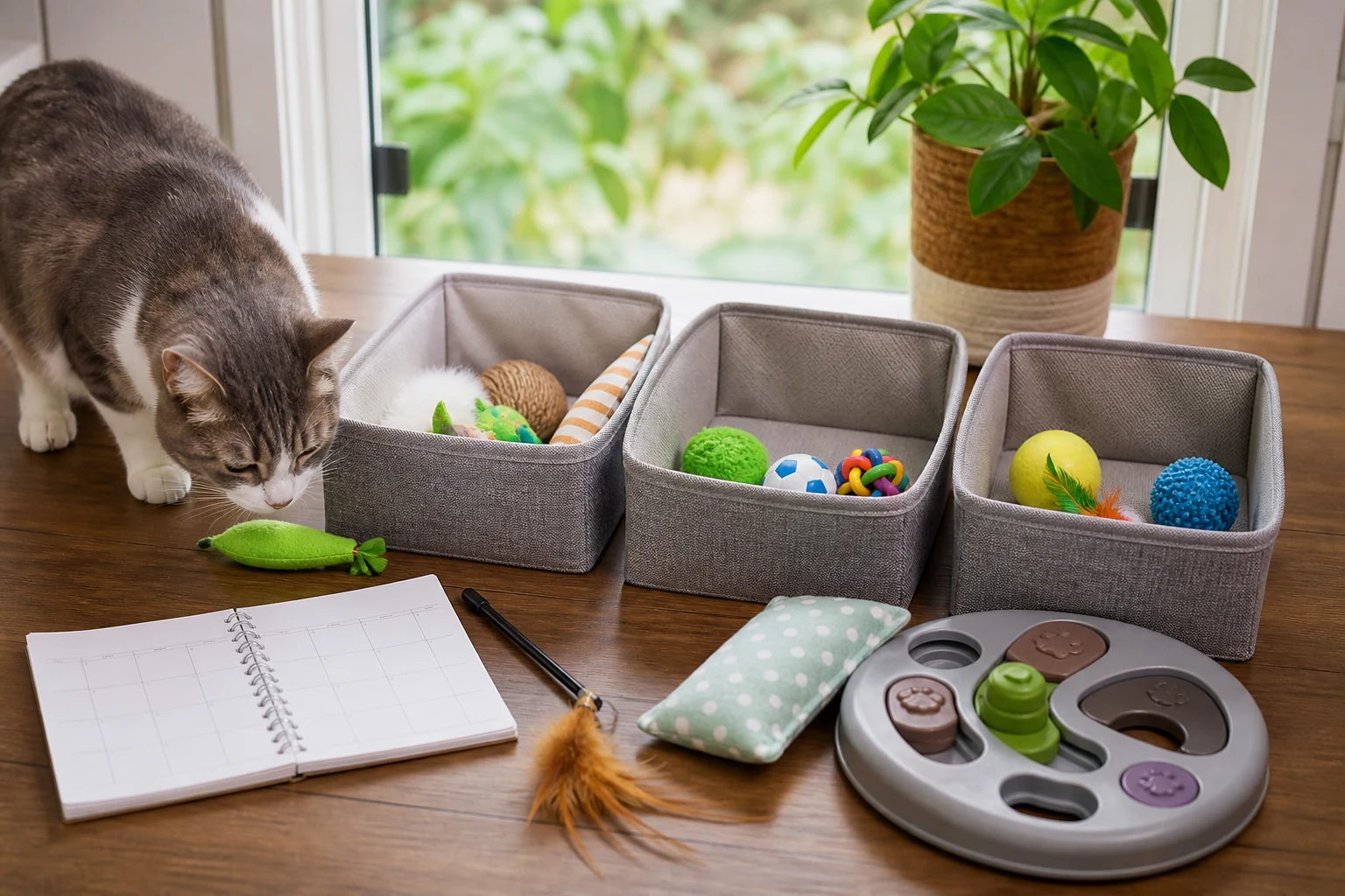 A cat sniffing a toy near three soft storage bins, a blank calendar notebook, and sorted cat toys.