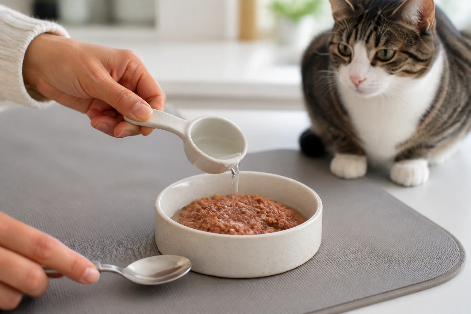 Water being added to wet cat food while a cat waits nearby on a clean feeding mat.