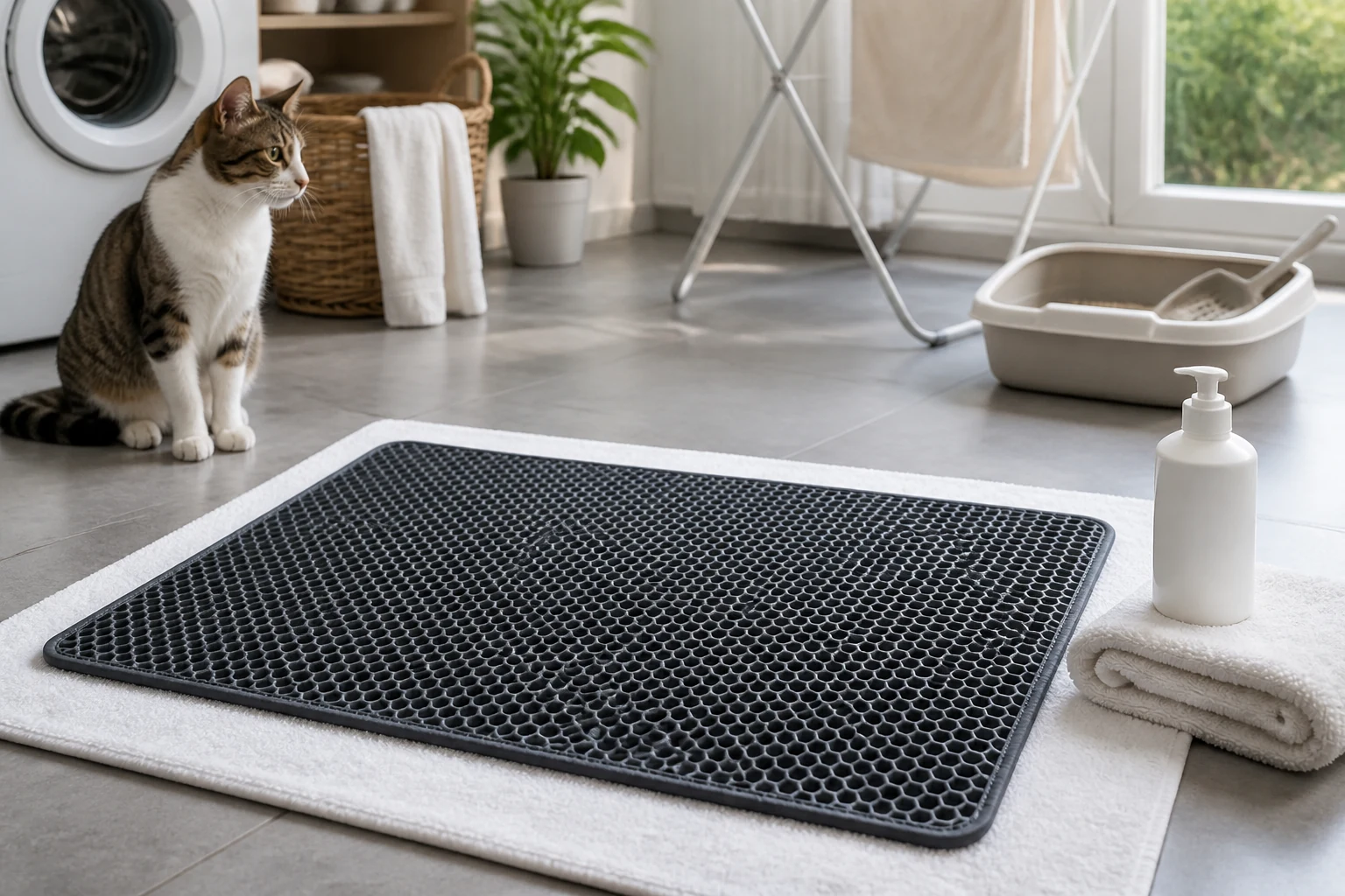 A rinsed honeycomb cat litter mat lies flat on a towel to dry in a bright laundry room.