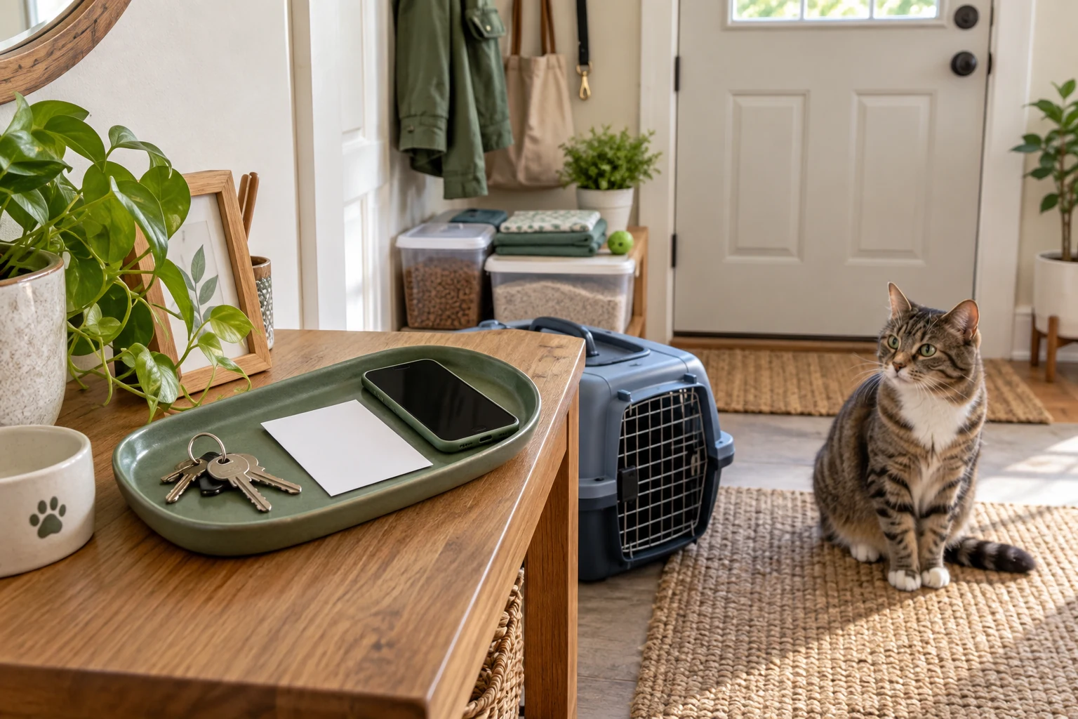 A tabby cat sits near an entry table with spare keys, a blank phone, a carrier, and organized cat food and litter supplies.
