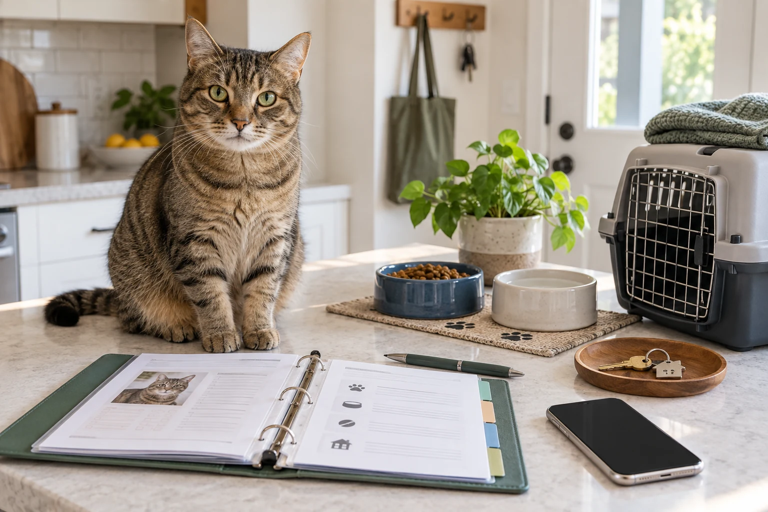 A tabby cat sits beside a pet care binder, spare keys, food bowls, a carrier, and a phone on a bright kitchen counter.