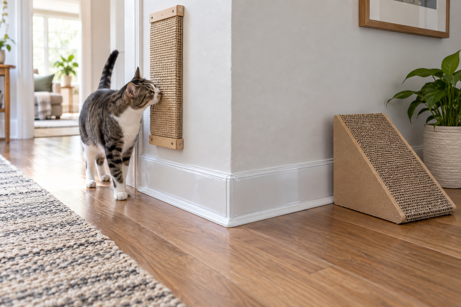 A clear removable guard protects a white baseboard while a cat investigates a nearby wall-mounted sisal scratch board.