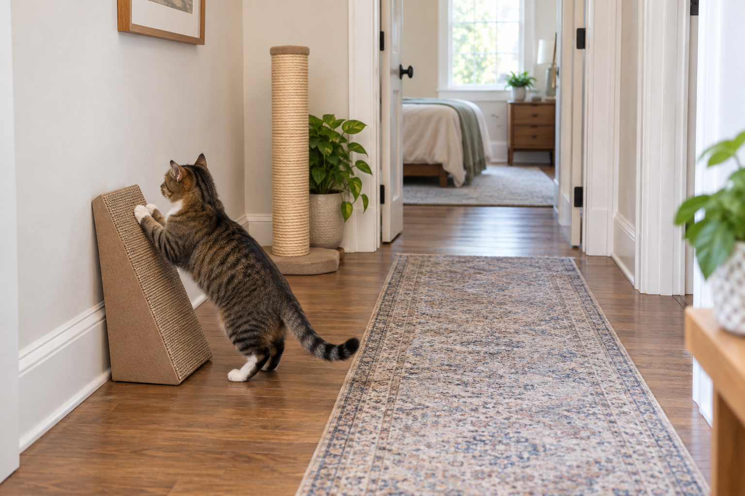 A cat uses an angled cardboard scratcher beside a hallway baseboard while the walking route and doorway remain open.