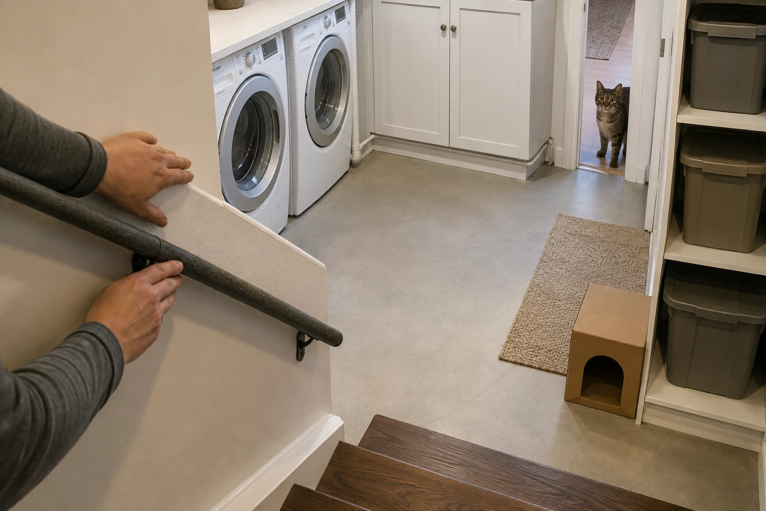 Cat watching from a doorway while a person checks a clean basement setup with closed laundry machines, cabinets, bins, and a cardboard hide